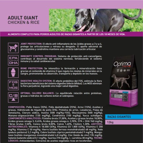 Optima Nova Adult Giant Pollo Arroz 12 Kg