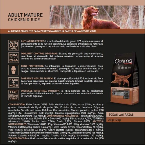 Optima Nova Adult Mature Pollo Arroz 2 Kg