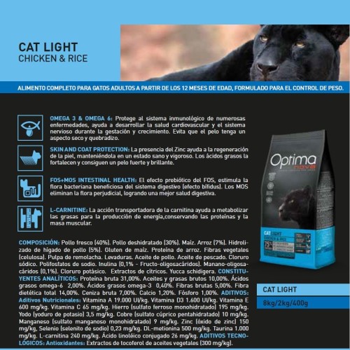 Optima Nova Cat Light 8 Kg. Control de Peso para Gatos